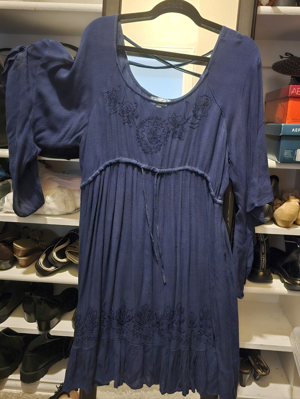 Women's Boho Embroidered Scoop-Neck Dress - Navy